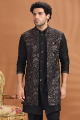 Black Silk Embroidery and Sequin Worked Jacket Kurta Set